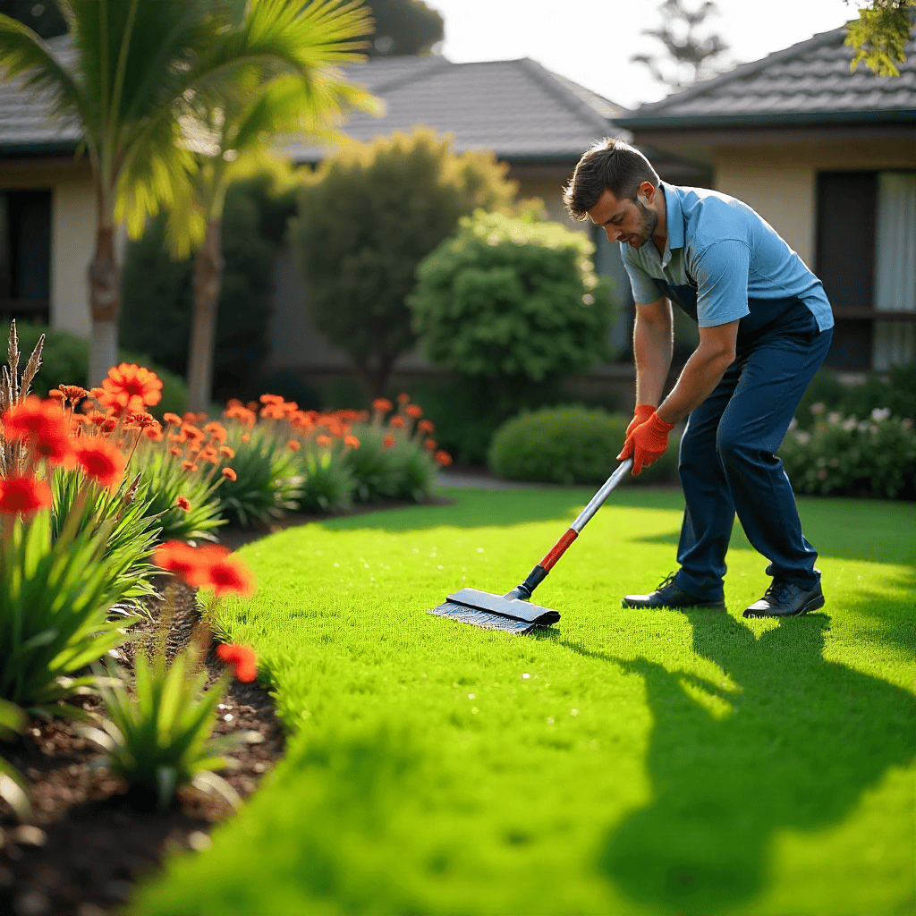 Lawn care team working together in a garden